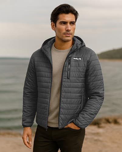Hurley Mens Puffer Jacket - Lightweight Packable Insulated Winter Coat for Men - Weather Resistant Quilted Outdoor Jacket