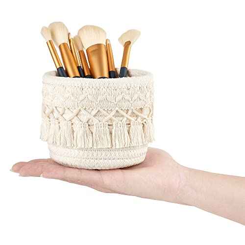 Mkono Macrame Makeup Brush Holder Organizer Comb Brushes Mini Storage Basket Set of 2 Boho Decor Baskets for Pen Pencil Box Container ,Ivory