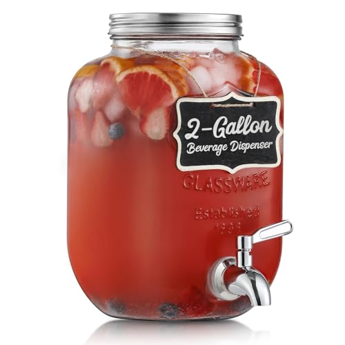 2 Gallon Glass Beverage Dispenser, 18/8 Stainless Steel Spigot and Lid - Glass Drink Dispensers for Parties - Mason Jar Dr...