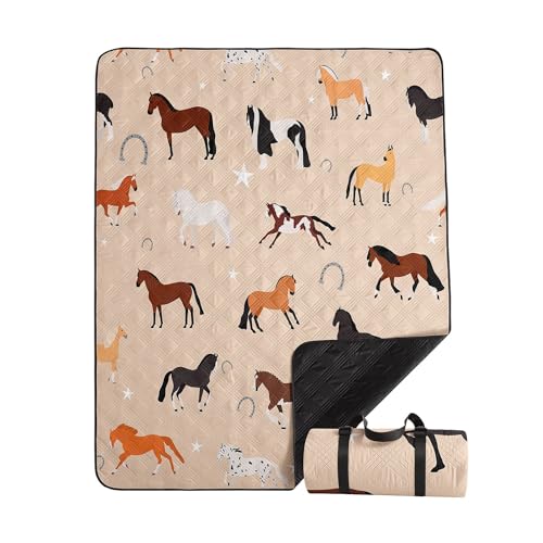 Smell Sunshine Outdoor Picnic Blanket,Portable Sandproof Waterproof Picnic Mat,Horses Printed Camping Beach Mat for Sand a...