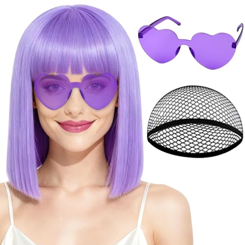 PLULON Short Light Purple Straight Bob Wig with Bangs, Shoulder Length Heat Resistant Synthetic Hair Bob Wigs with Heart S...