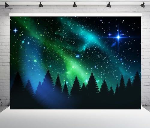 CORFOTO Fabric 7x5ft Northern Lights Photo Backdrop Norwegian Pine Trees Aurora Borealis Backgrounds Starry Stars Norway P...