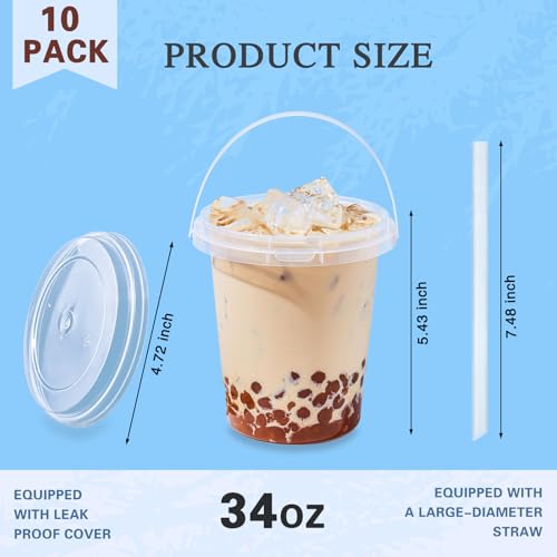 10 Pack 34oz Disposable Plastic Cups with Lids and Straws, Iced Coffee Cups with Lids, Sturdy & Food Safe for Cold & Hot D...