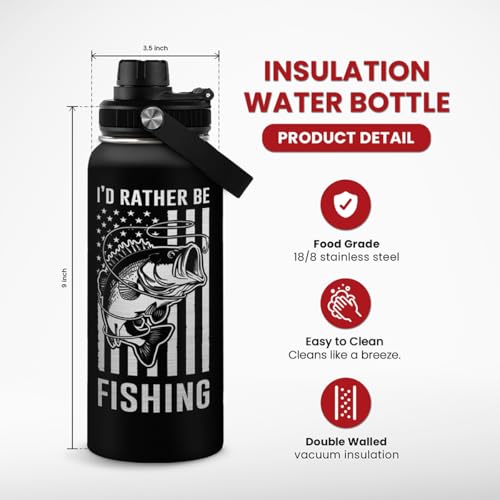 Fishing Water Bottle - 32oz Stainless Steel Insulated Bottles with lid - Deer Fishing Gifts for Fisherman Papa Dad Husband...