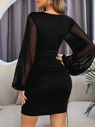 GothDark Women's Sexy V Neck Bodycon Dress Sheer Mesh Puff Sleeve Ruched Mini Dresses for Party Cocktail Club Night Out