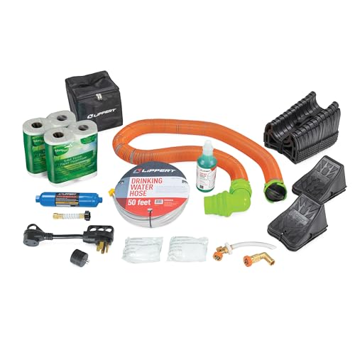 Lippert Premium RV Starter Kit with Power Adapters, Regulator, Filter, Tank Filler, Water Hose, Sewer Hose Kit, Hose Suppo...