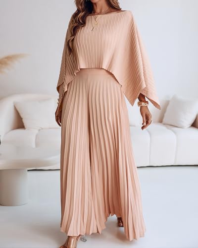 CHICME Women's 3 Piece Pleated Outfits One Shoulder Tops with High Waisted Wide Leg Pants Casual Vacation Outfit