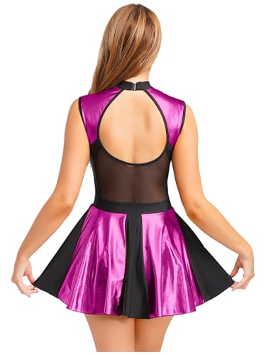 Moily Women Wet Look Pleated Dress Disco Dance 80s Holographic Dress Hallowen Cosplay Outfits Hot Pink Large