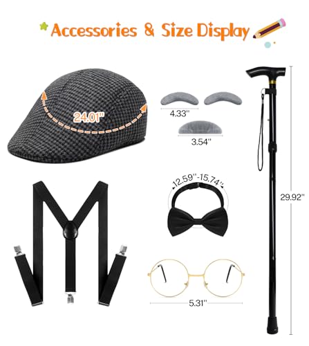 Mscawow Old Man Costume for Kids–100 Days of School Costume with Hat,Glasses,Suspenders & Cane