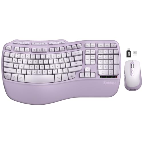 Purple Ergonomic Wireless Keyboard and Mouse Combo, Sablute 2.4G Full Size Ergo Wave Key Board with Cushioned Plam Rest, N...