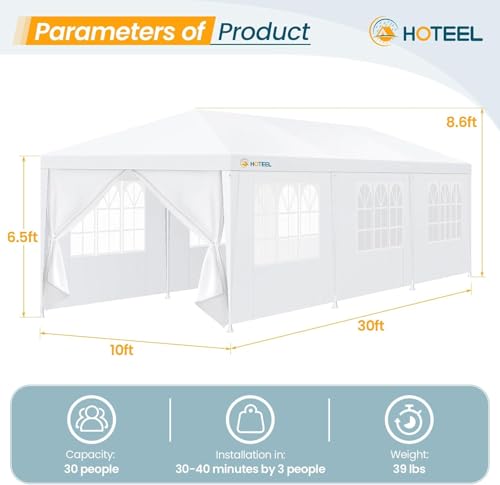 HOTEEL 10x30 Party Tent with 8 Removable Sidewalls for Parties, Weddings, BBQ, Waterproof Outdoor Event Canopy, Patio Camp...