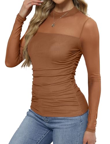 Womens Sexy Mesh Long Sleeve Shirts Fashion Clothing Turtle Necks Sheer Ruched Going Out Tops Fall Outfits Slim Fit Blouses