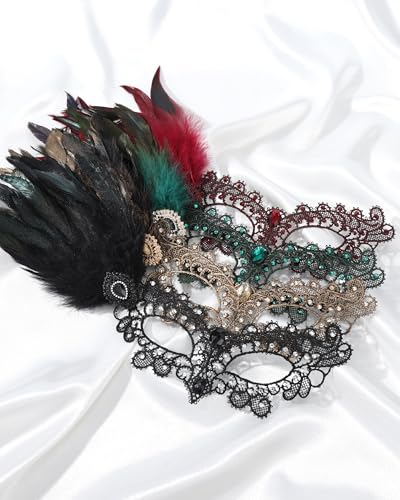 Zinniday Halloween Feather Masquerade Masks - 1920s 50s Antique Lace Venetian Mask for Women Renaissance Cosplay Party