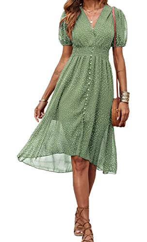 PRETTYGARDEN Women's Floral Wrap V-Neck Midi Dress Short Sleeve Boho Summer Beach Long Dress High Low Hem Smocked Dress Women