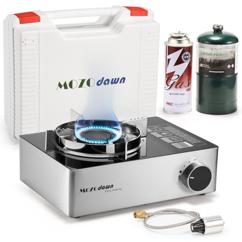 MOZODAWN Dual Fuel Camp Stove, 12000 BTU Portable Propane/Butane Stove with Case, Adapter Hose, Wind Guard, Single Burner ...