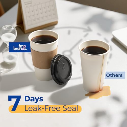 Fit Meal Prep 100 Pack 16 oz Disposable Coffee Cups with Lids, Sleeves, Leak-Proof To Go Coffee Cups with Lids, Durable Pa...