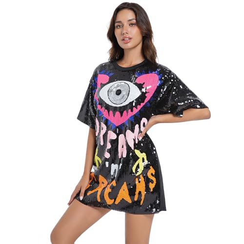 Sequins T-Shirts Glitter Dress O Neck Printed Mini Dress Loose Casual Nightclub Party Tops for Women