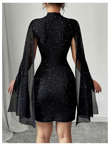 IQLWI Women's Sequin Cloak Sleeve Dress Mock Neck Cocktail Long Flowy Sleeves for Going Out Fromal Prom Party