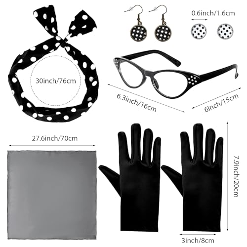 Bcxfbxd 7 Pcs 50's Women Costume Accessories Set Cat Eye Glasses Scarf Bandana Headband Drop Dot Earrings for Party Halloween