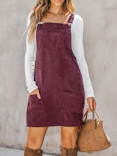 CUPSHE Women Corduroy Fall Dresses Front Bib Pocket Square Neck Wide Strap Casual Overall Mini Dress