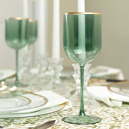 Green Wine Cup with Gold rim Plastic Wine Glasses Set of 10 Elegant Wine Goblets Hard Plastic Champaign Cups on Stem 12 Ou...