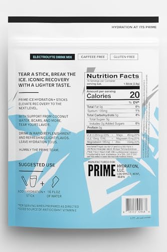 PRIME HYDRATION ICE Sticks, Hydration Powder Single Serve Sticks, Electrolyte Powder On The Go, 250mg BCAAs, B Vitamins, A...