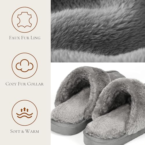 OOW Fuzzy Slippers for Women Cozy Faux Fur House Shoes Winter Warm Memory Foam Slippers for Indoor and Outdoor