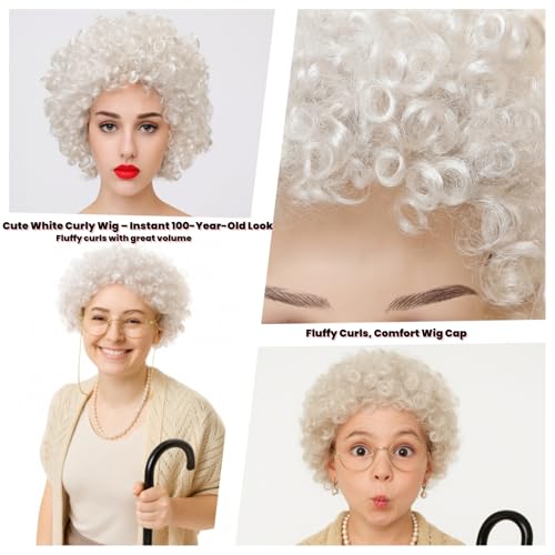 QAQ-COSPLAY 100 Days of School Costume for Women – Old Lady Costume with Wig -School Grandma Costume with Accessories