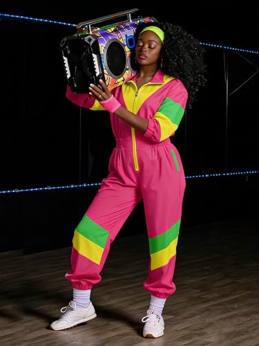 UOUA 80s Outfit for Women 90s Costume Jumpsuits Long Sleeves Windbreaker One Piece Party Tracksuit