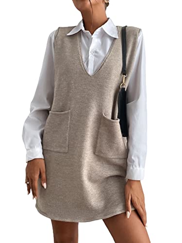 OYOANGLE Women's V Neck Sleeveless Knitted Solid Short Sweater Dress with Pockets