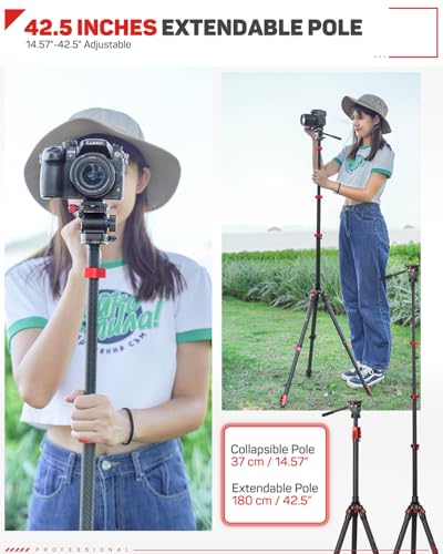 IFOOTAGE Carbon Fiber Camera Pole, 37-108cm/14.6-42.5in Extension Tube With 1/4" 3/8" Screw, Compatible With Tripod/Monopo...