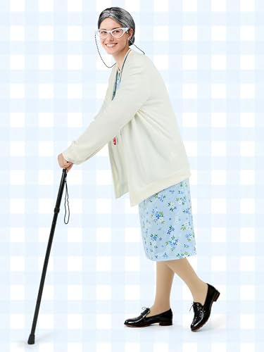 SOMSOC 8 Pieces Women Old Lady Costume Grandma Dress Cardigan with Wig Glasses Cane for 100 Days of School Cosplay