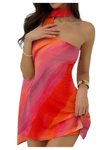 MakeMeChic Women's Summer Y2k Mini Dress Backless Vacation Dress One Shoulder Mesh Dress with Scarf