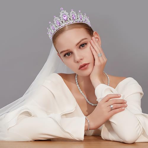 JIOMULIG Crown, Tiara for Women, Purple Rhinestone, Silver Metal, Fashion Headband, Adult Women's Queen Crown, Birthday Pa...