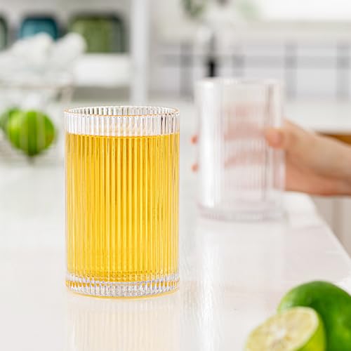 INSETLAN Set of 8 Ribbed Glassware - 4 Large Glasses 17 oz, 4 Rocks Glass Cups 10 oz, Vintage Glassware Cocktail Glasses, ...