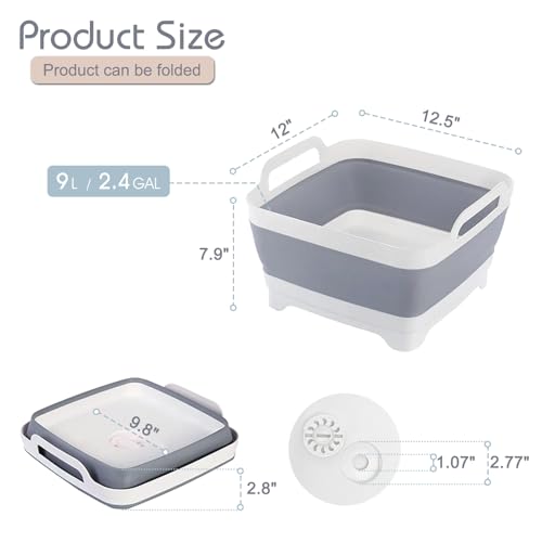 2.4 Gal(9L) Collapsible Dish Basin with Drain Plug, Space Saving Outdoor Multiuse Foldable Sink Tub, Dishpan, Kitchen Stor...