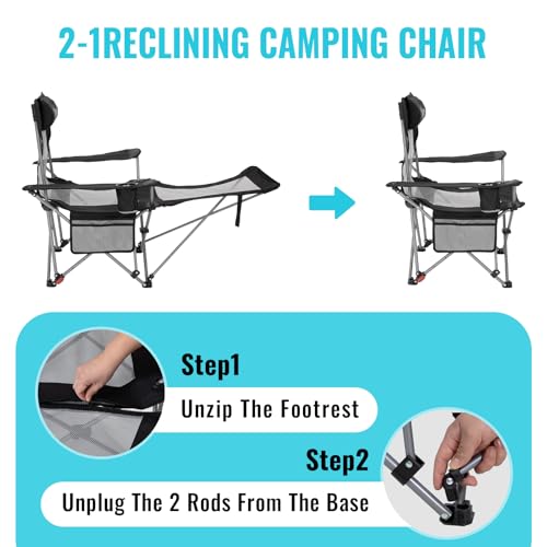 #WEJOY 2-in-1 Reclining Camping Chair with Footrest for Adults Folding Lounge Chair with Adjustable Backrest Lightweight C...