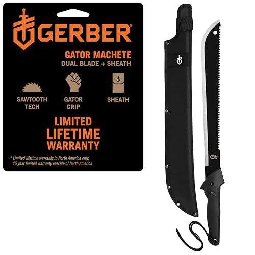 Gerber Gear Gator Machete 25" with Plain Edge Blade and Saw, Gator Grip and Protective Sheath for Gardening, Survival, Hun...