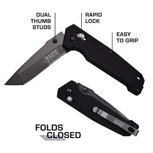 Elite Tactical - Folding Pocket Knife - Tanto Point Serrated Blade with Black G10 Handle and Pocket Clip - Rapid Lock Tact...