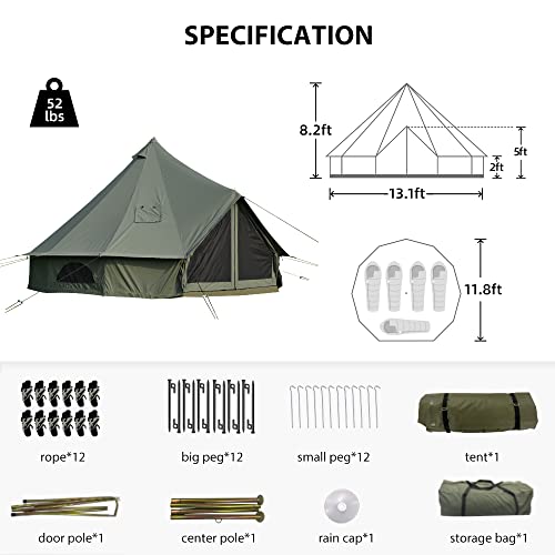 WaldZimmer Cotton Canvas Bell Tent with Stove Jack, Roomy Yurt for Family Glamping Camping, 4 Season Tent with Zipped Remo...