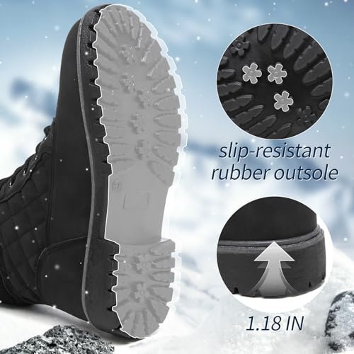kufeiti Waterproof Ankle Boots for Women Non Slip Black Combat Boots Fall Winter Snow Lace Up Hiking Booties
