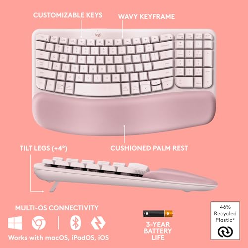 Logitech Wave Keys Wireless Ergonomic Keyboard with Cushioned Palm Rest, Comfortable Natural Typing, Easy-Switch, Bluetoot...