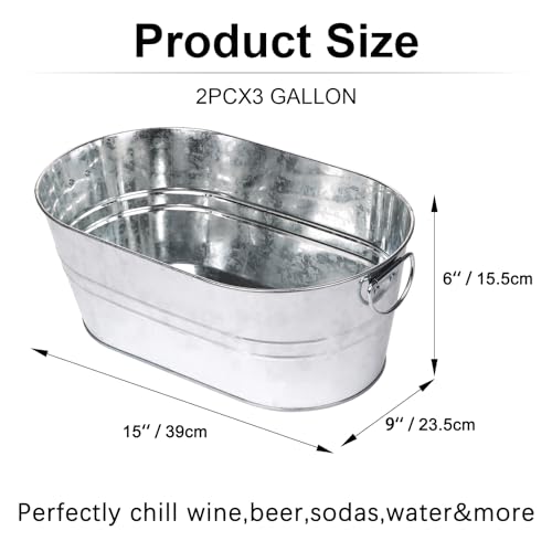 Galvanized Tub Beverage Tubs, 2pcs Metal Ice Buckets for Cocktail Bar 3 Gallon Wine Beer Drink Buckets with Handles Large ...