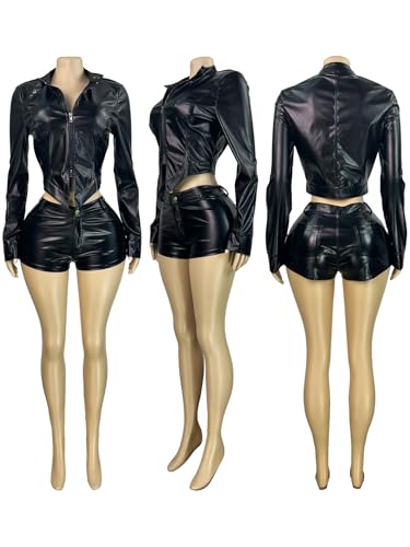 Molilove Leather Shorts Sets Women 2 Piece Outfits Long Sleeve Zipper Jacket and Bodycon Shorts Set Y2K Motorcycle Clubwear
