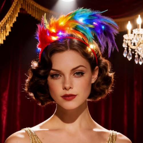 DRESBE Light Up 1920s Feather Fascinator Headband LED Cocktail Tea Party Hair Accessories for Women