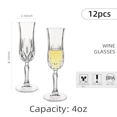 Champagne Flutes Set of 12-4 oz Vintage Crystal Clear Glasses with Cut Design, Elegant Stemware for Champagne, Prosecco, M...