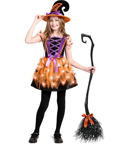 Spooktacular Creations Girls Light Up Witch Costume, Kids Witch Costume with Hat and Broom for Toddler Halloween Dress Party