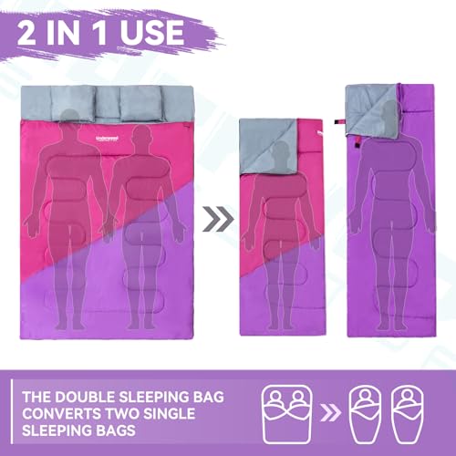 Double Sleeping Bag for Adults Kids - Lightweight 2 Person Sleeping Bag with Pillow, Queen Size Waterproof Camping Sack Tw...