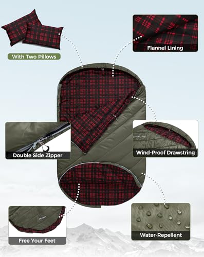 KingCamp Double Sleeping Bag for Adults, Queen Size 2 Person XXL Flannel Sleeping Bag, Waterproof Lightweight Flannel Quil...