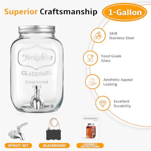 1 Gallon Glass Beverage Dispenser, 18/8 Stainless Steel Spigot and Lid, Glass Drink Dispensers for Parties, Mason Jar Drin...